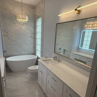 Bathroom vanity, tile, and shower renovation details from Travis Scott Construction