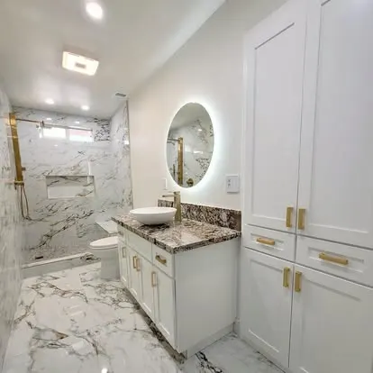 Bathroom vanity, tile, and shower renovation details from Travis Scott Construction