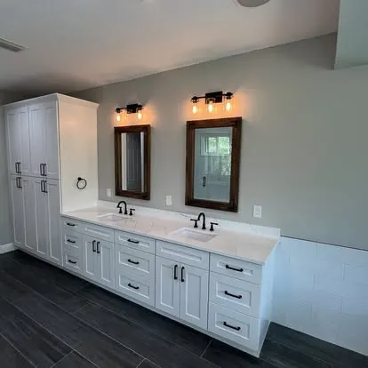 Bathroom vanity, tile, and shower renovation details from Travis Scott Construction